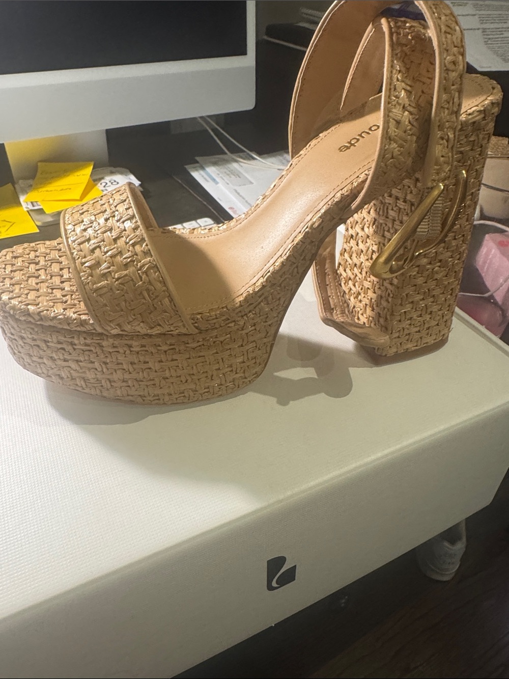 Larroude Woven Tan Platform Block Heel Sandals with Buckle